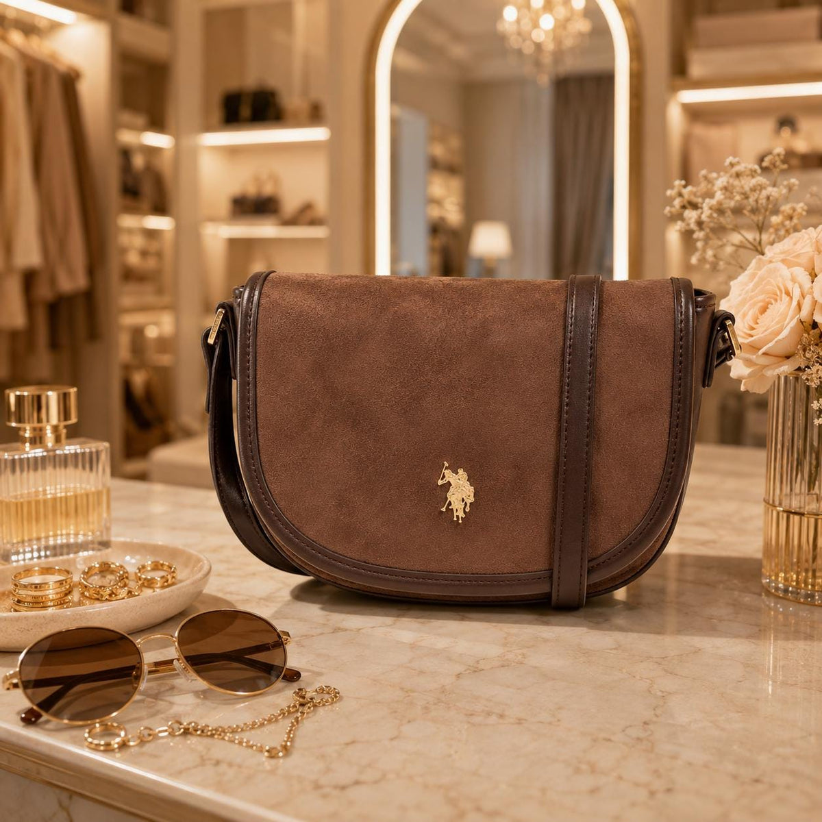 U.S. Polo Assn Dark Brown Crossbody Bag, Jones Flap Shoulder Bag, Adjustable Strap Handbag, Gold Logo Purse, Gift for Her