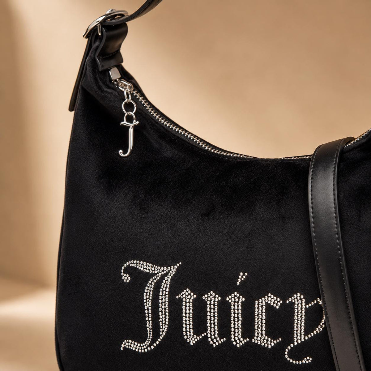 Juicy Couture Black Velour Shoulder Bag, Rhinestone Logo Hobo Bag, Detachable Pouch Handbag, Black Designer Purse, Gift for Her