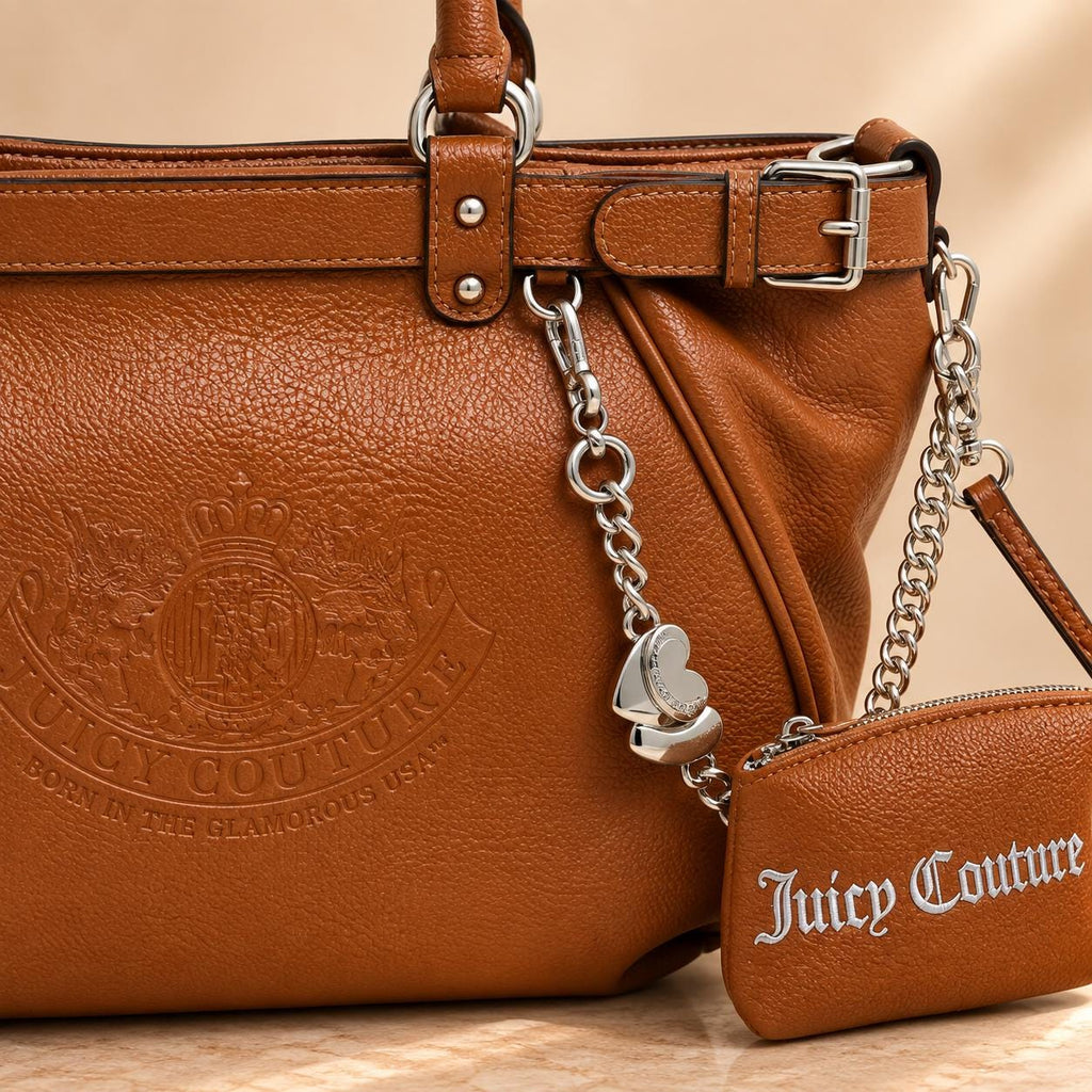 Juicy Couture Tan Shoulder Bag, Twig Narrative Handbag, Brown Crossbody Bag with Pouch, Silver Charm Designer Bag