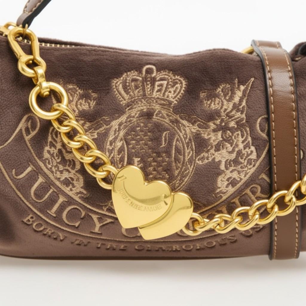 Juicy Couture Brown Shoulder Bag, Gold Chain Heart Charm, Embroidered Logo Handbag, Gift for Her