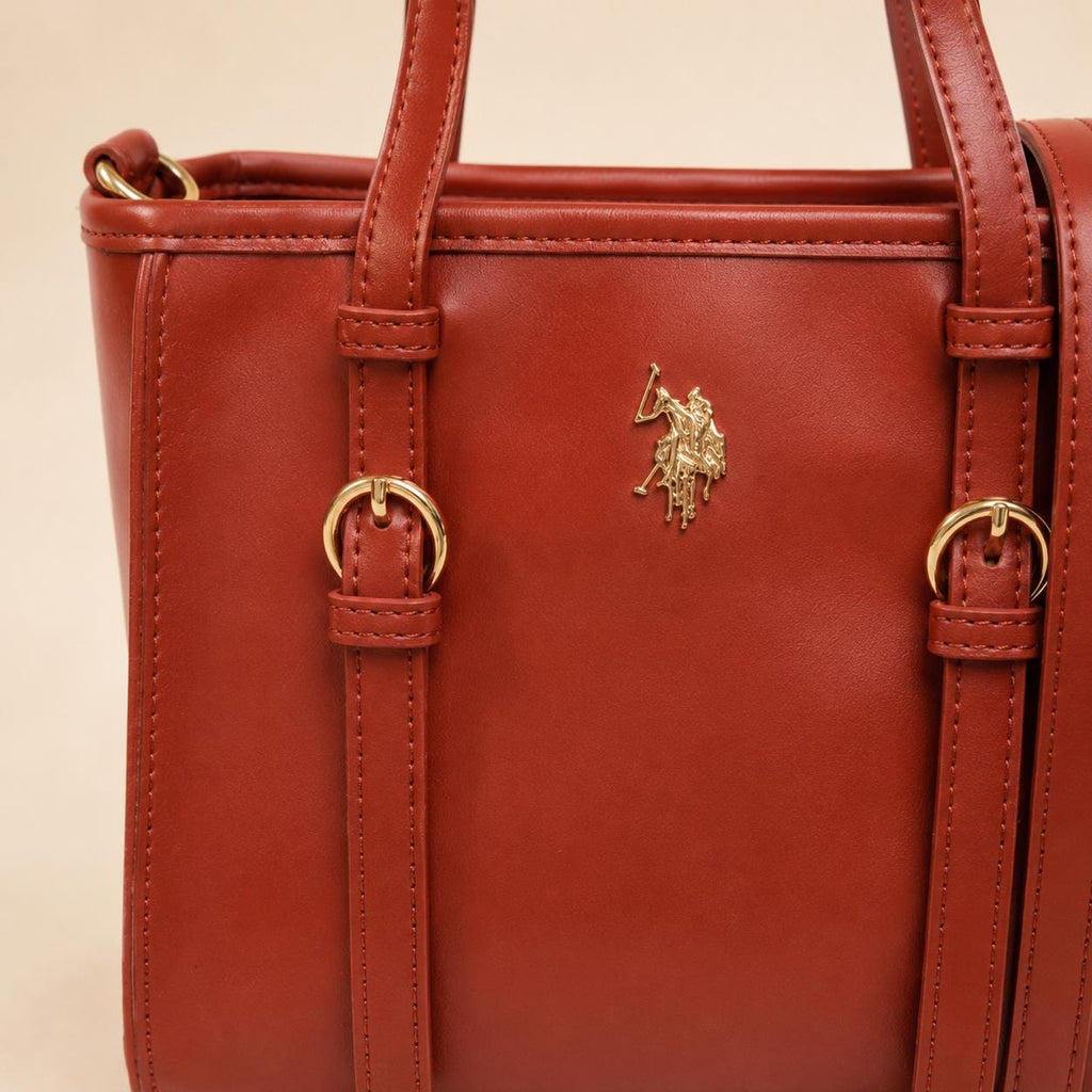 U.S. Polo Assn. Cognac Mini Tote Bag, Brown Crossbody Handbag, Detachable Strap Shoulder Bag, Gold Logo Purse, Gift for Her