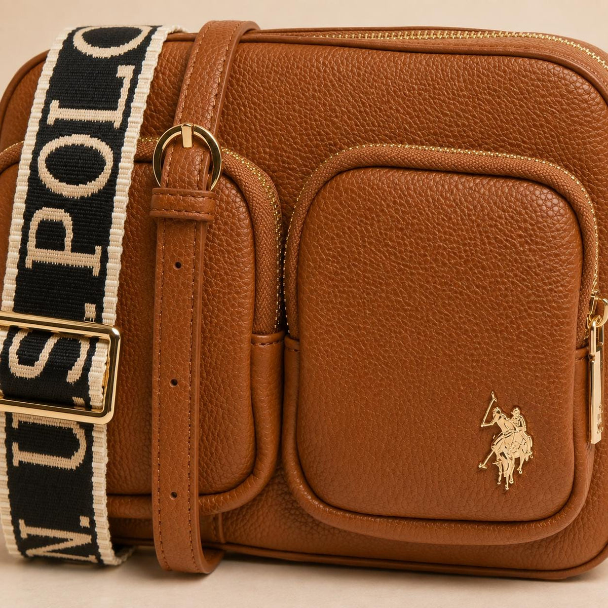 U.S. Polo Assn. Brown Crossbody Bag, Logo Strap Shoulder Bag, Multi Pocket Handbag, Adjustable Strap, Gift for Her