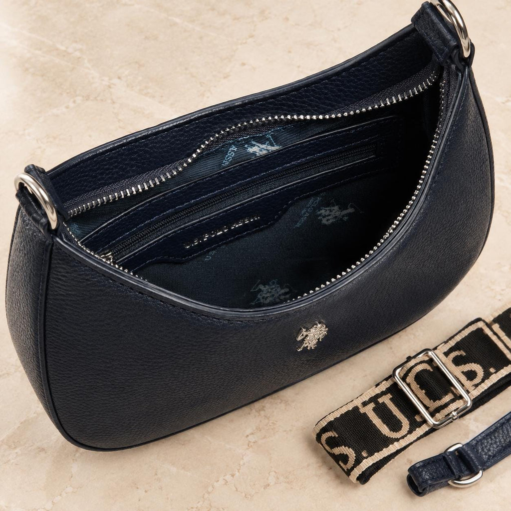 US Polo Assn Navy Blue Crossbody Bag, Womens Hobo Shoulder Bag, Adjustable Logo Strap, Pebbled Everyday Handbag, Gift for Her