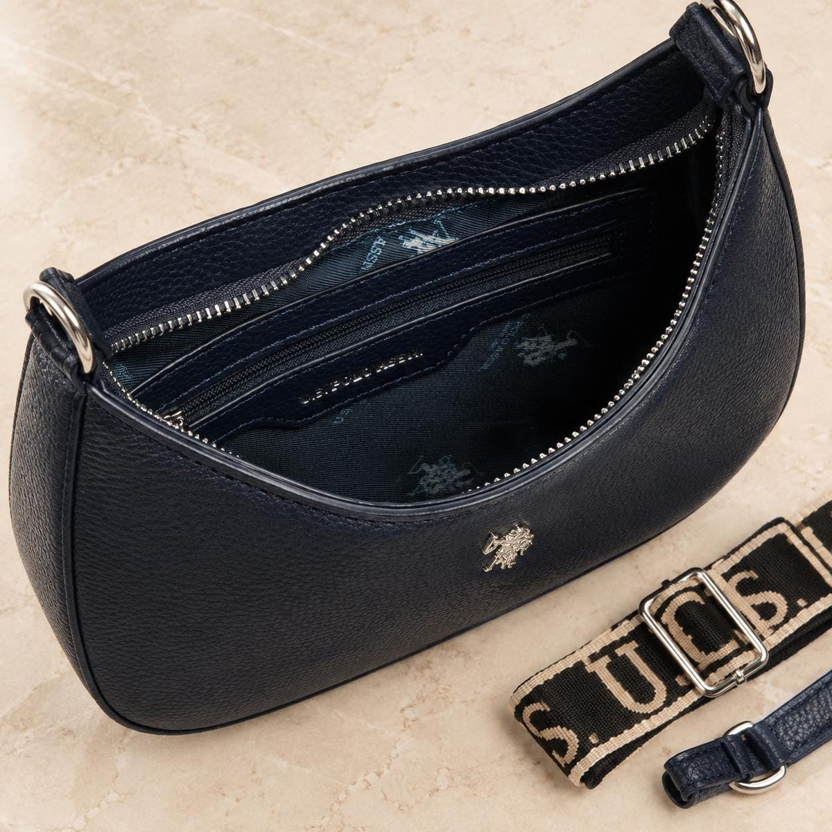 US Polo Assn Navy Blue Crossbody Bag, Womens Hobo Shoulder Bag, Adjustable Logo Strap, Pebbled Everyday Handbag, Gift for Her