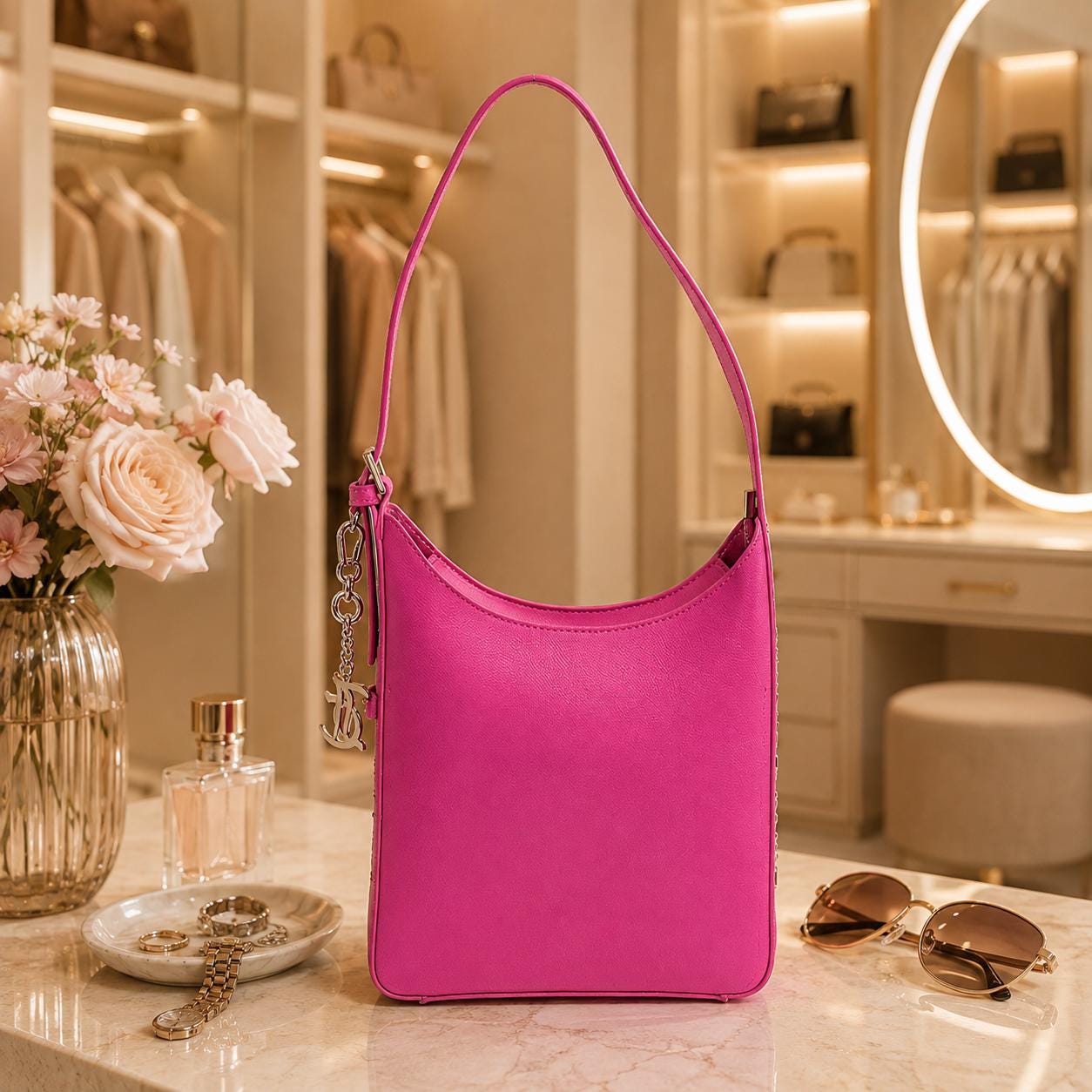 Juicy Couture Pink Tote Bag, Jasmine Shoulder Bag, Hot Pink Handbag, Silver Charm Purse, Womens Designer Bag, Gift for Her