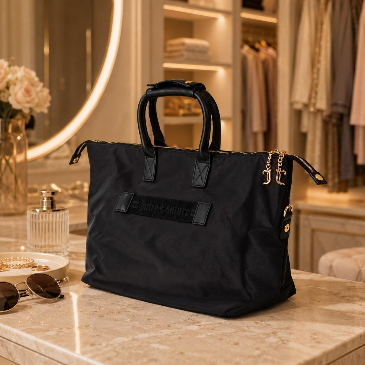 Juicy Couture Black Heart Weekend Bag, Large Black Travel Bag, Pink Heart Logo, Gold Tone Hardware, Shoulder Holdall