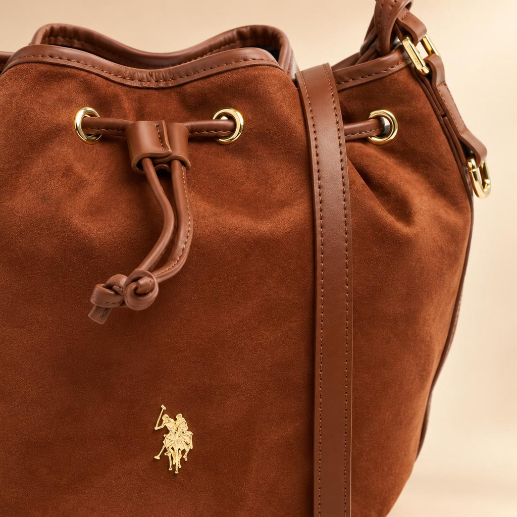 U.S. Polo Assn. Brown Bucket Bag, Suede Look Shoulder Bag, Drawstring Handbag, Gold Logo Purse, Womens Everyday Bag, Gift for Her
