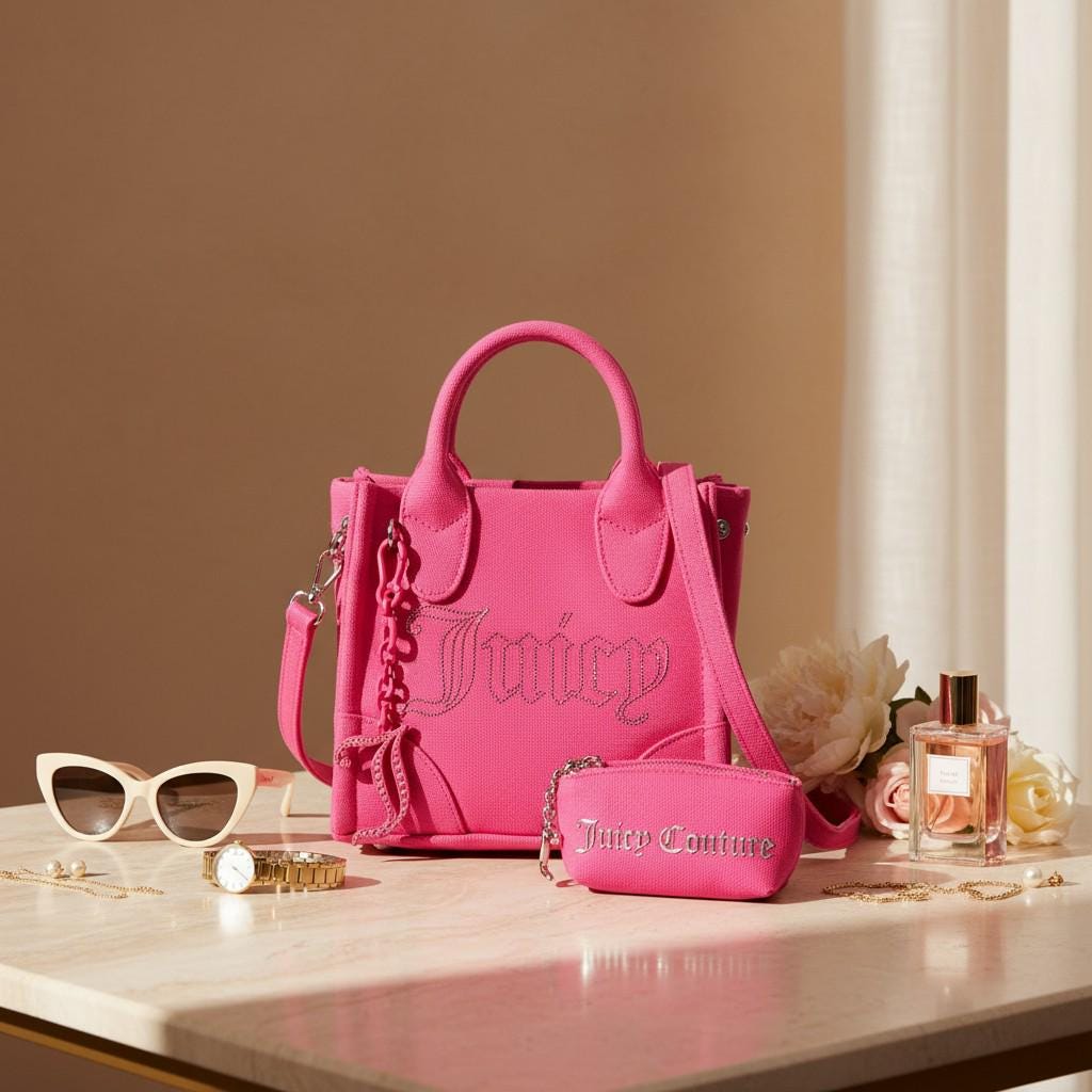 Juicy Couture Pink Iris Tote, Rhinestone Logo Handbag, Pink Shoulder Purse