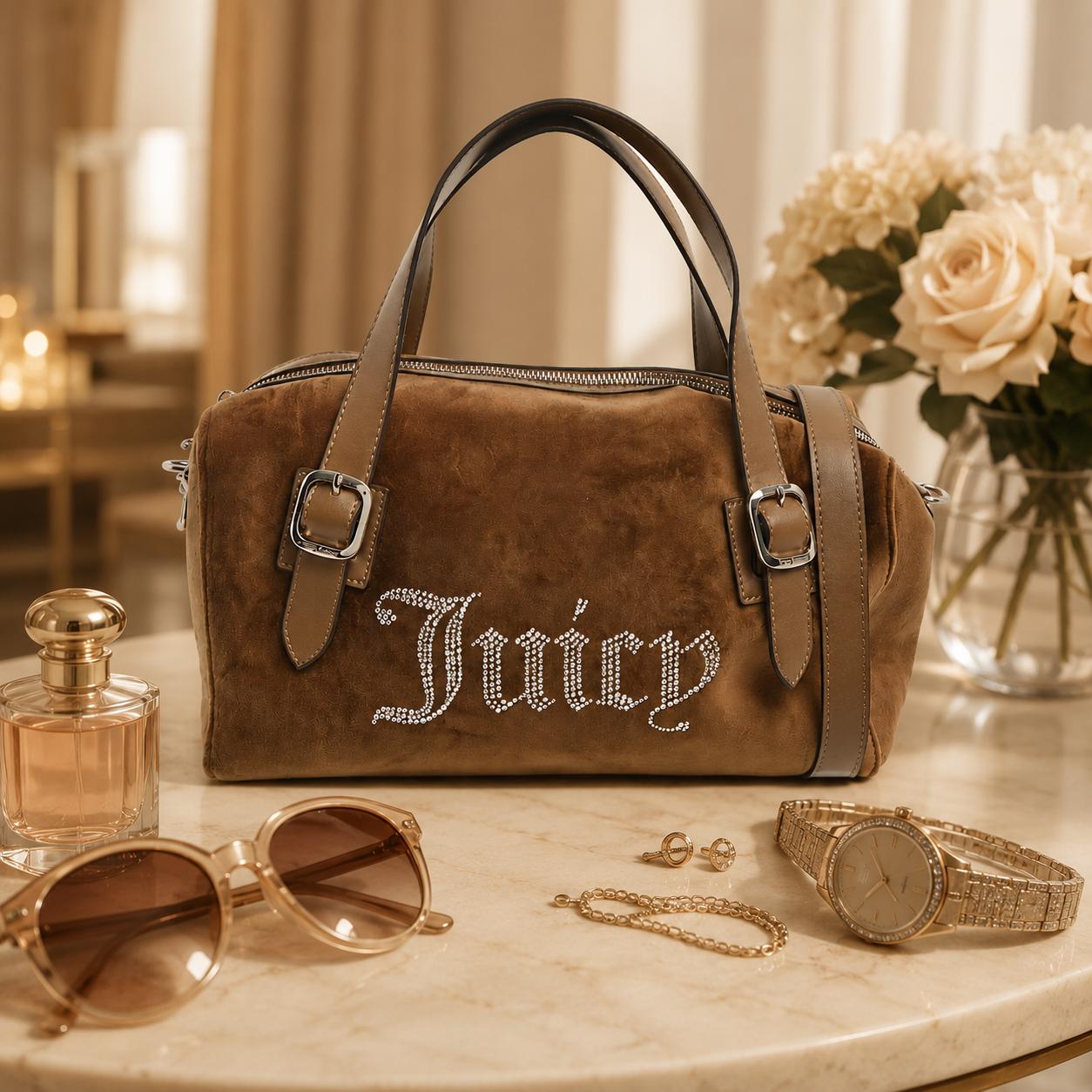 Juicy Couture Brown Velour Handbag, Rhinestone Shoulder Bag, Embellished Grab Bag, Adjustable Strap Purse, Gift for Her