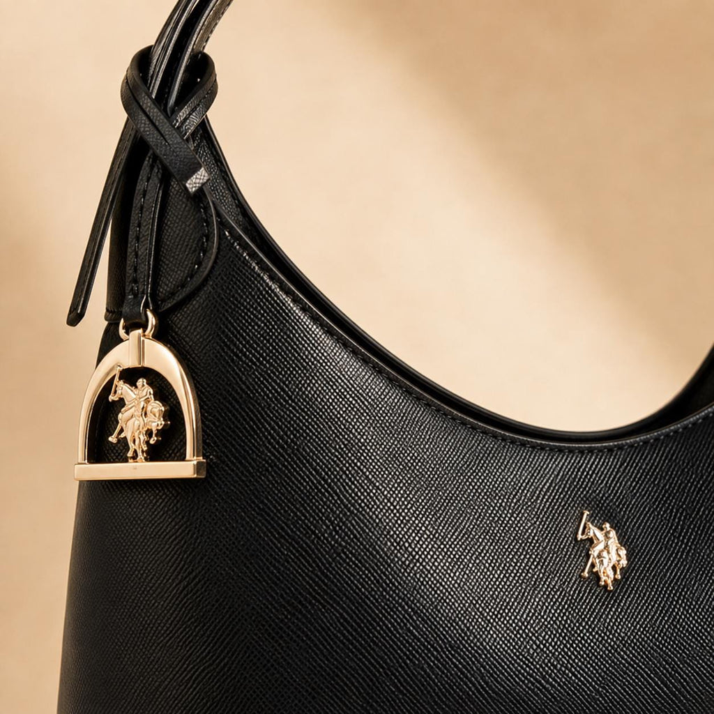 US Polo Assn Black Jones Hobo Shoulder Bag | Women’s Black Handbag | Gold Logo Top Handle Bag | Everyday Designer Style Gift