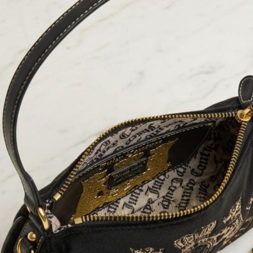 Juicy Couture Black Shoulder Bag, Gold Chain Crossbody Bag, Heart Charm Handbag, Embossed Crest Purse, Gift for Her