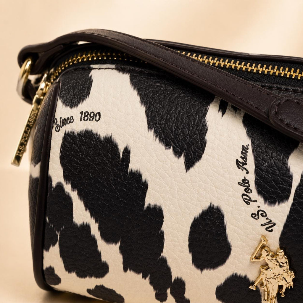 US Polo Assn Cow Print Crossbody Bag, Brown & Cream Shoulder Bag, Adjustable Strap Handbag, Gold Charm Purse, Gift for Her