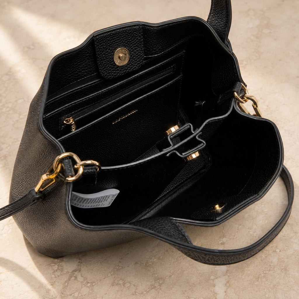 US Polo Assn Black Bucket Bag, Womens Pebbled Handbag, Shoulder Crossbody Bag, Gold Logo Tote, Everyday Designer Style Gift for Her