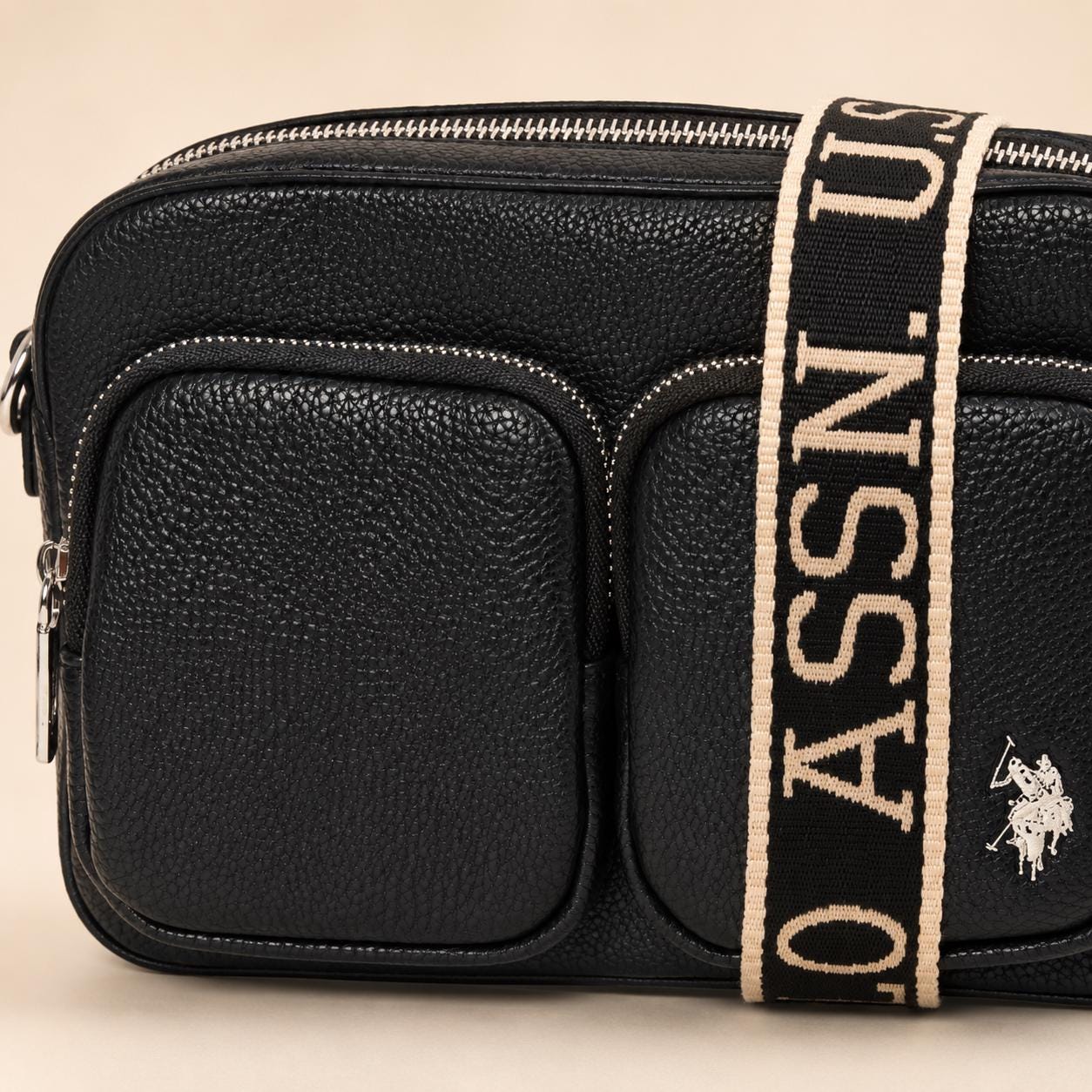 U.S. Polo Assn Black Crossbody Bag, Womens Camera Bag, Multi Pocket Shoulder Bag, Adjustable Logo Strap, Everyday Travel Purse