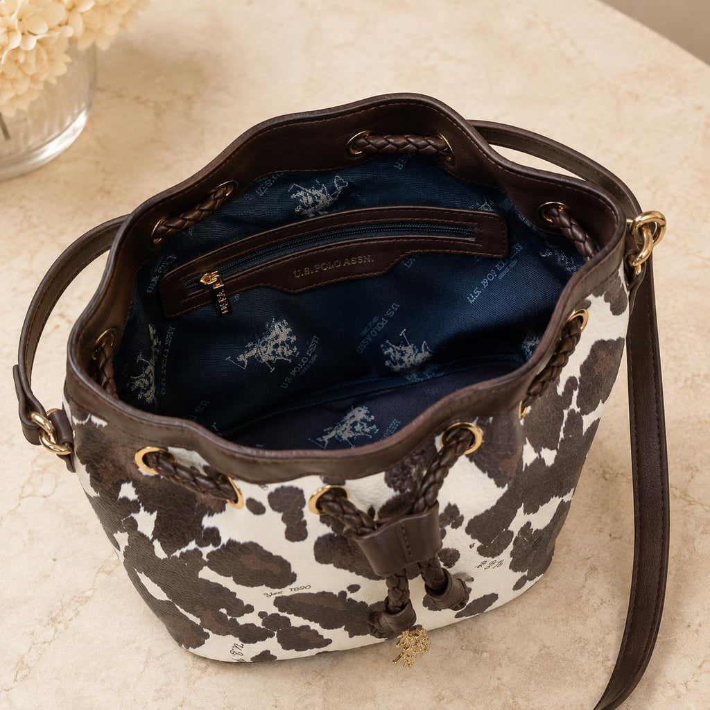 US Polo Assn Cow Print Bucket Bag, Brown & Cream Crossbody Handbag, Drawstring Shoulder Bag, Gold Hardware, Gift for Her