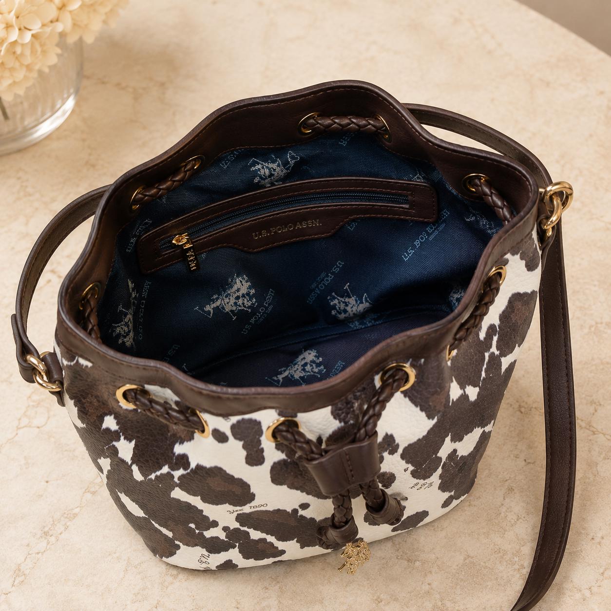 US Polo Assn Cow Print Bucket Bag, Brown & Cream Crossbody Handbag, Drawstring Shoulder Bag, Gold Hardware, Gift for Her