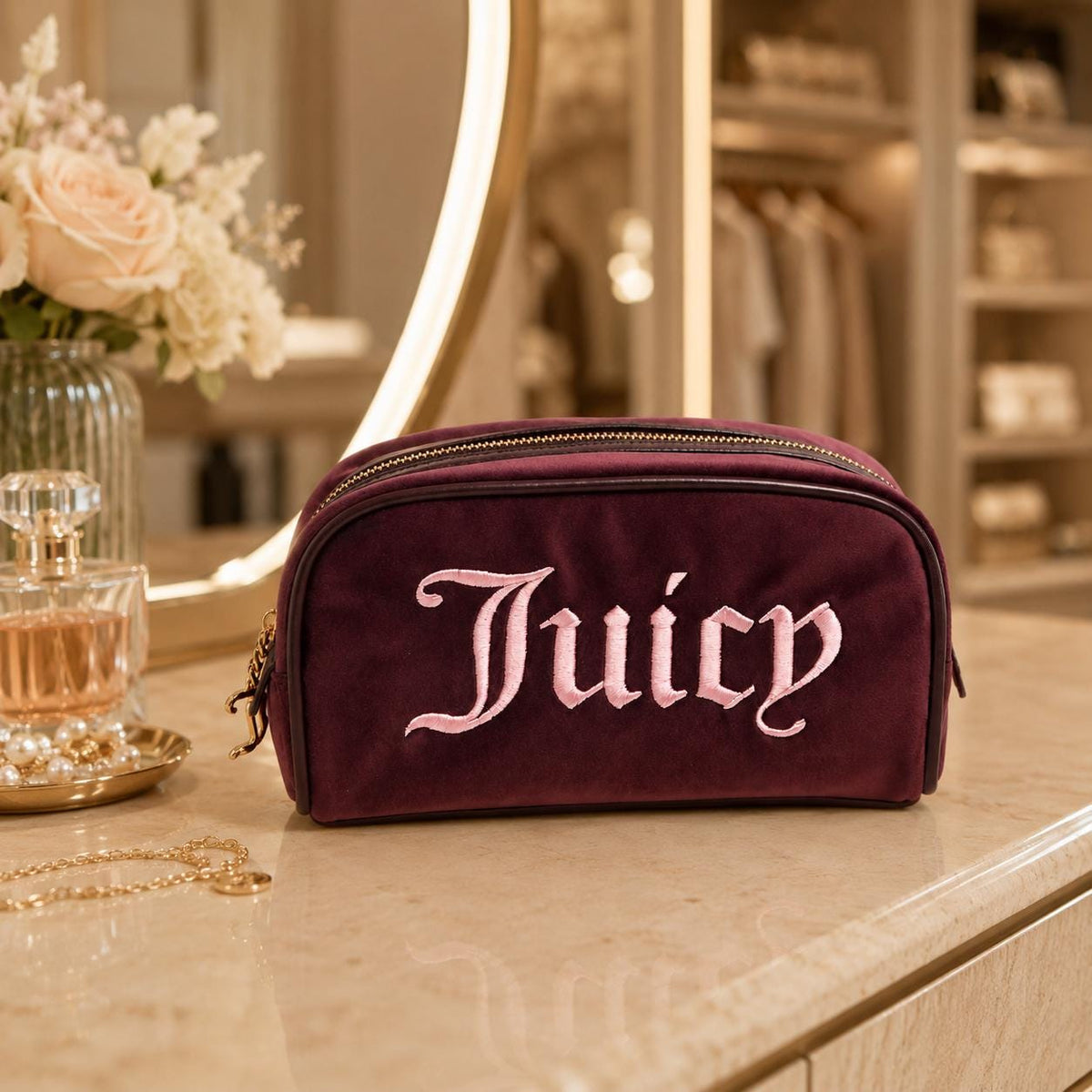 Juicy Couture Burgundy Velour Cosmetic Bag, Pink Embroidered Makeup Bag, Gold Zip Beauty Case, Makeup Storage Bag, Gift for Her