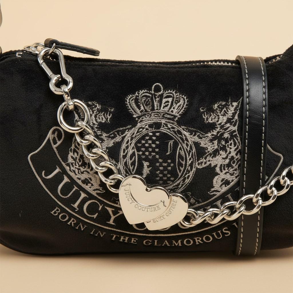 Juicy Couture Black Shoulder Bag, Silver Chain Crossbody Bag, Heart Charm Handbag, Embossed Crest Purse, Gift for Her