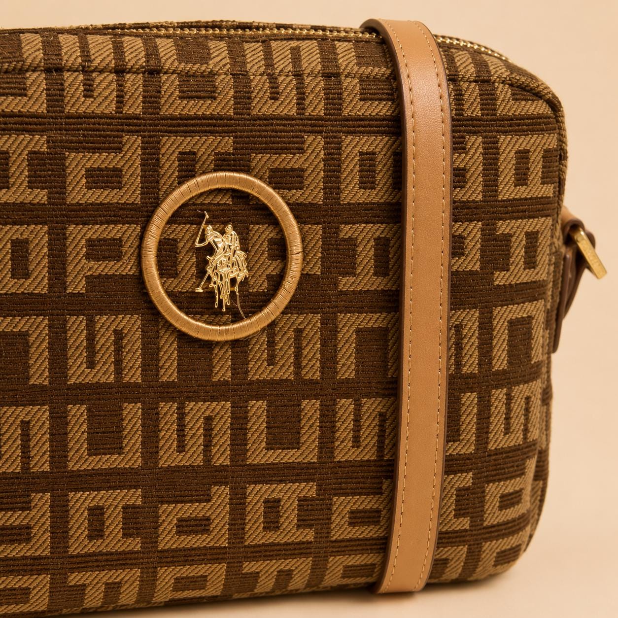 US Polo Assn Brown Jacquard Crossbody Bag, Monogram Shoulder Handbag, Tan Logo Purse, Adjustable Strap Bag, Gift for Her