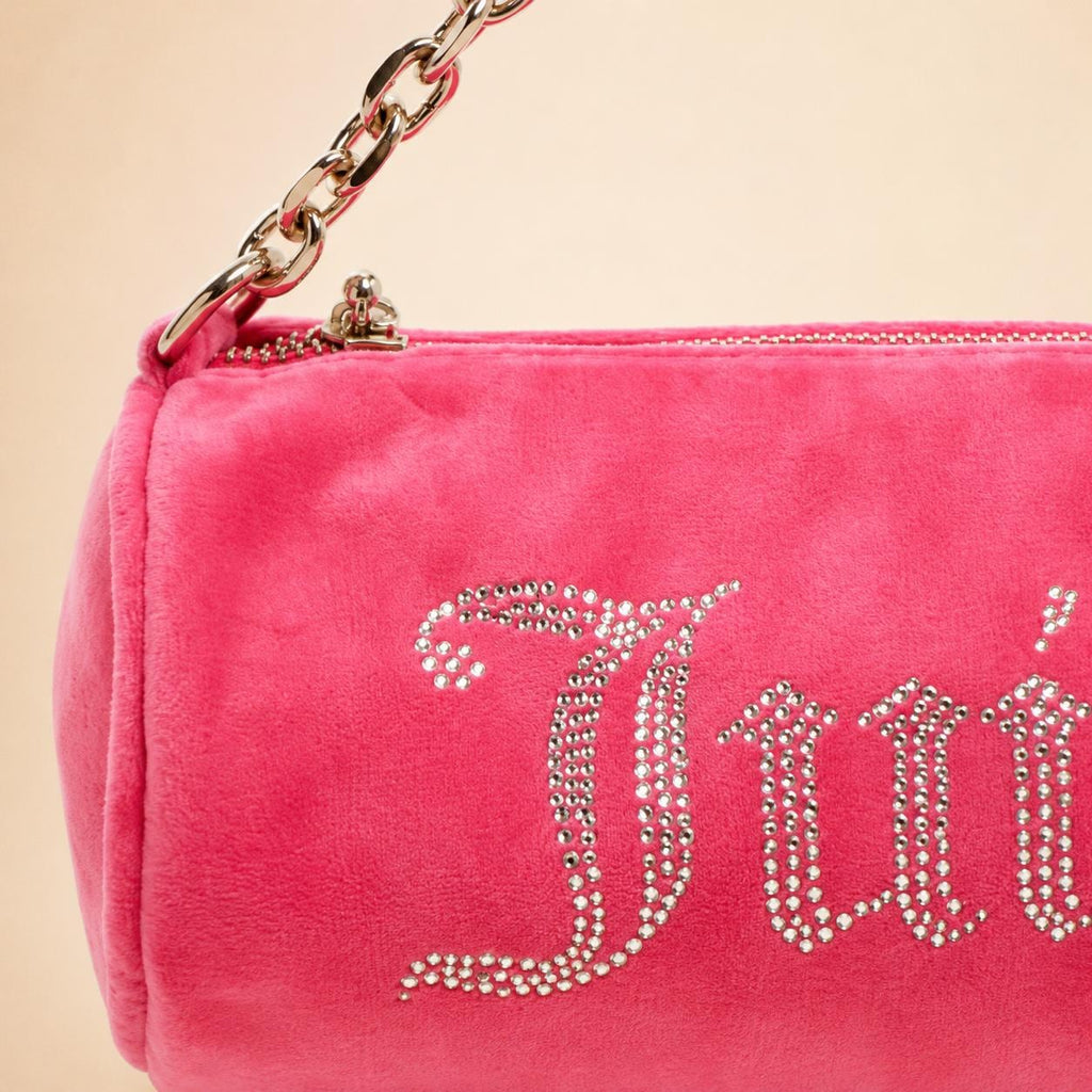 Juicy Couture Pink Barrel Bag, Velour Shoulder Bag, Rhinestone Logo Handbag, Silver Chain Purse, Pink Handbag, Gift for Her