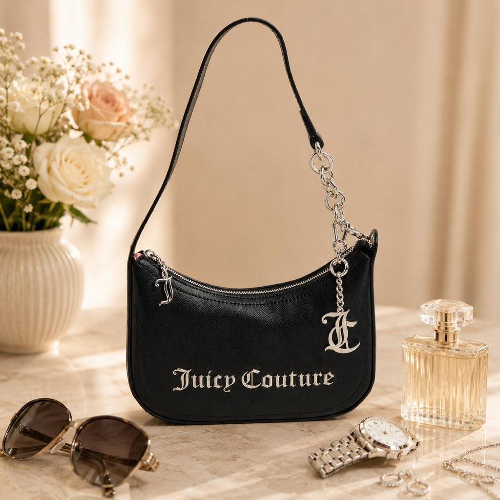 Juicy Couture Black Jasmine Shoulder Bag, Silver Chain Charm Handbag, Logo Zip Purse, Women’s Designer Bag, Gift for Her