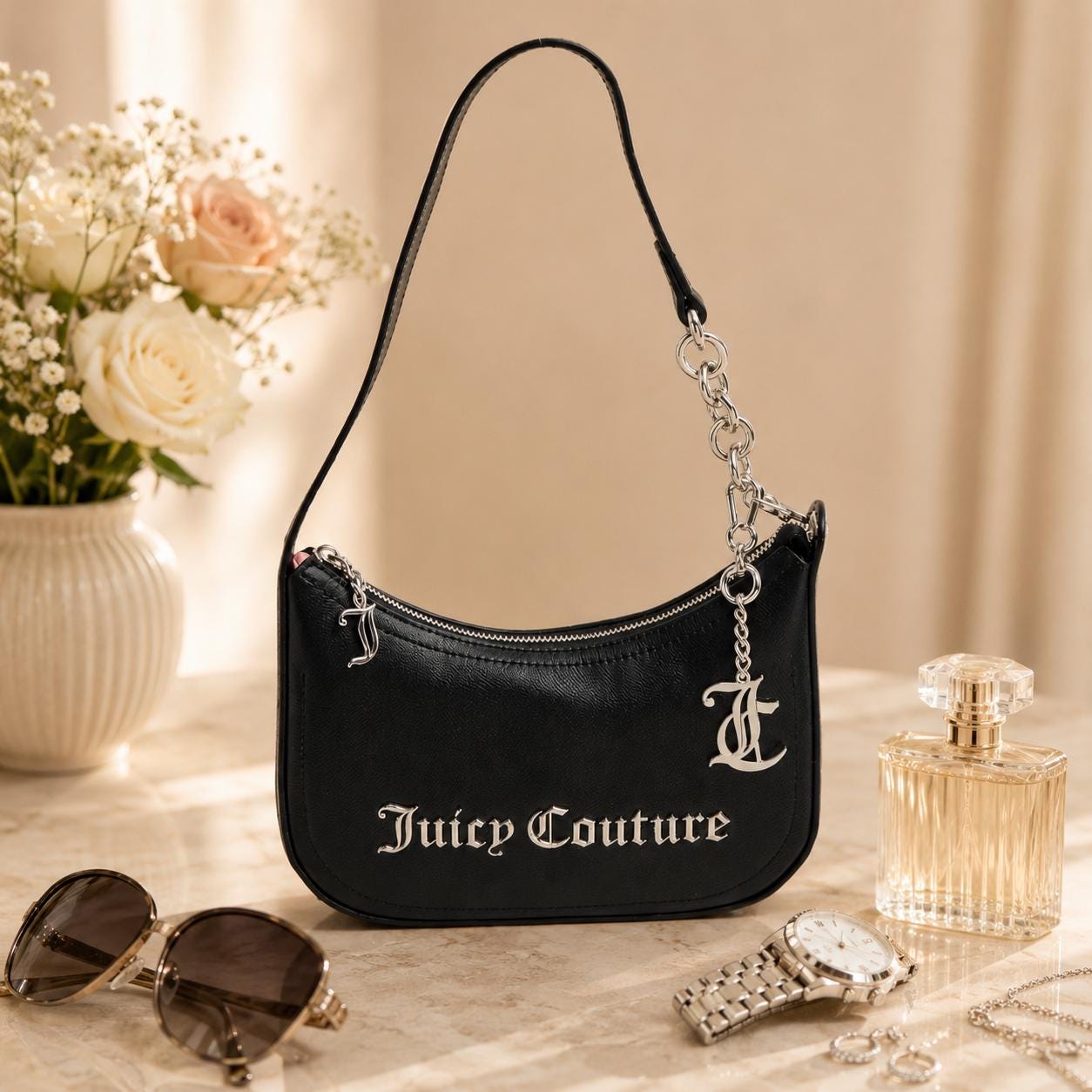 Juicy Couture Black Jasmine Shoulder Bag, Silver Chain Charm Handbag, Logo Zip Purse, Women’s Designer Bag, Gift for Her