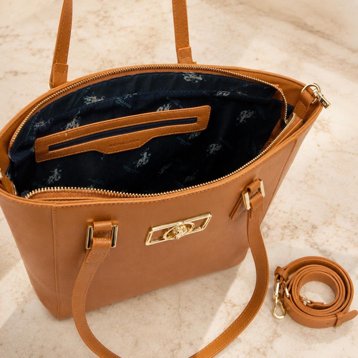 US Polo Assn Burnt Orange Shopper Bag, Large Tote Handbag, Crossbody Shoulder Bag, Detachable Strap, Gold Logo Bag
