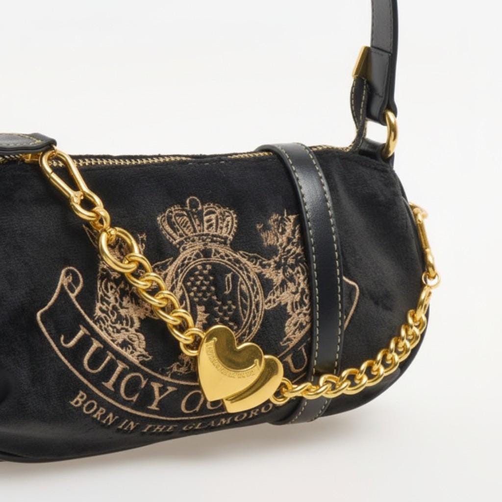 Juicy Couture Black Shoulder Bag, Gold Chain Crossbody Bag, Heart Charm Handbag, Embossed Crest Purse, Gift for Her