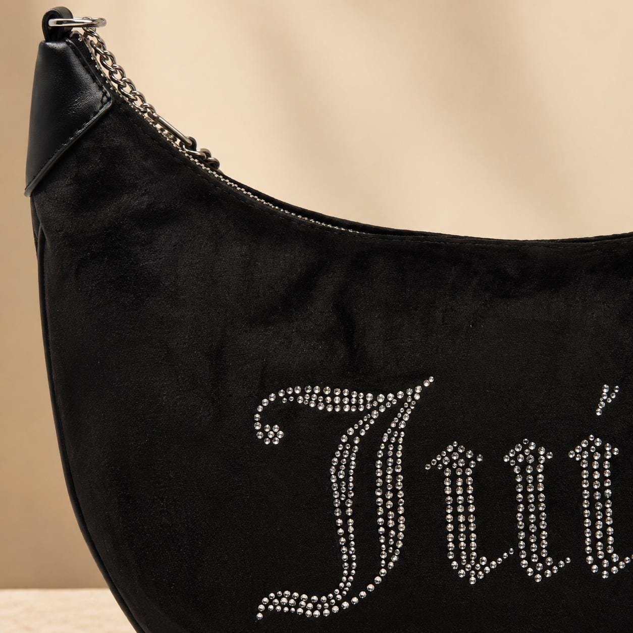 Juicy Couture Black Hobo Shoulder Bag, Rhinestone Embellished Velour Handbag, Slouchy Crescent Bag, Women Gift