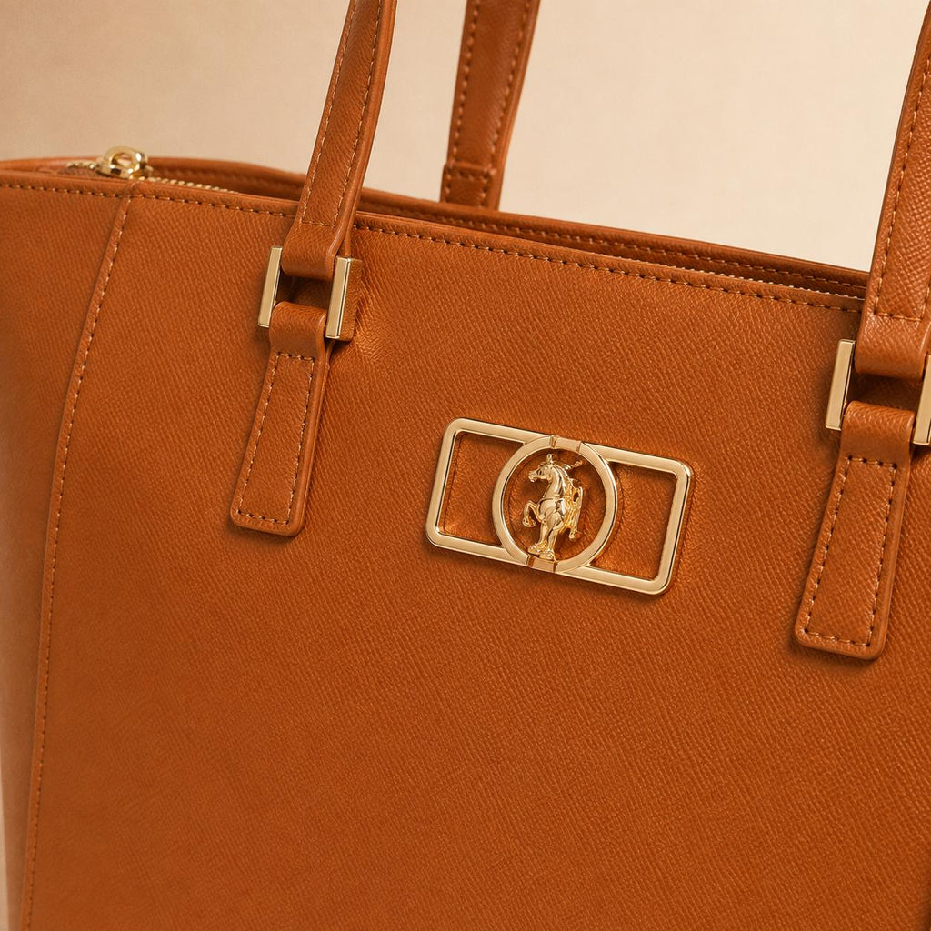 U.S. Polo Assn Tan Tote Bag, Large Shoulder Handbag, Brown Everyday Bag, Gold Logo Work Tote, Womens Shopper Bag, Gift for Her