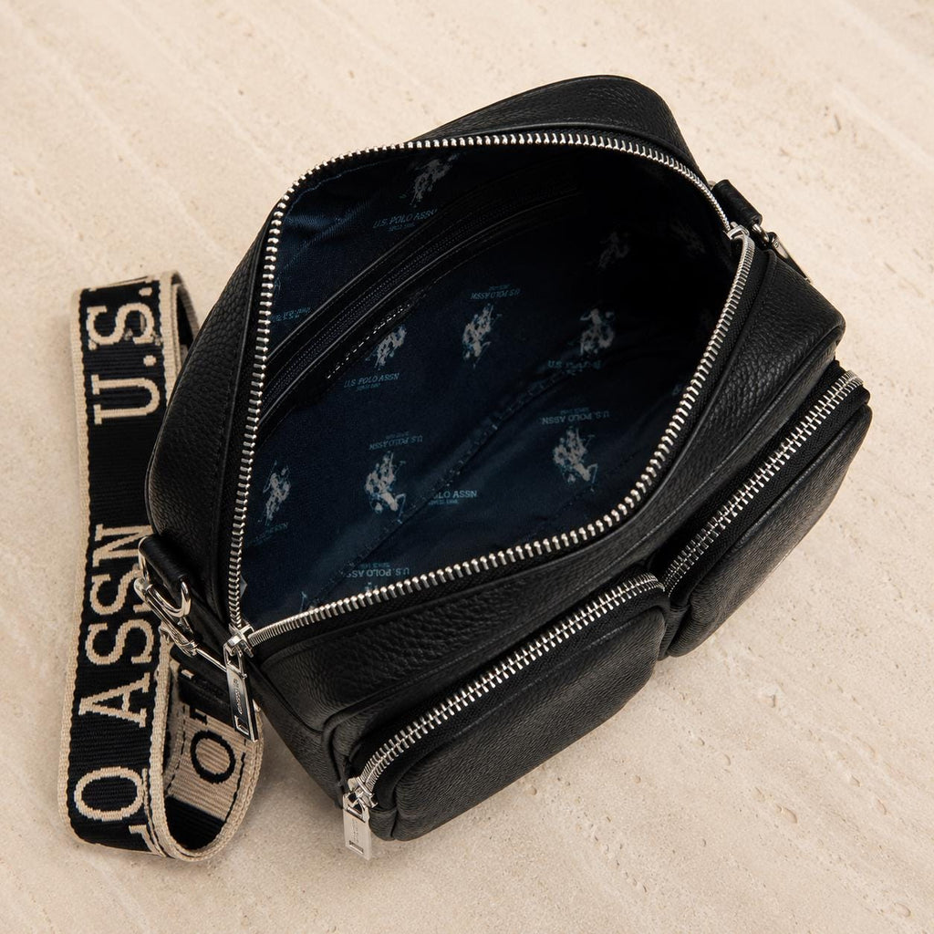 U.S. Polo Assn Black Crossbody Bag, Womens Camera Bag, Multi Pocket Shoulder Bag, Adjustable Logo Strap, Everyday Travel Purse