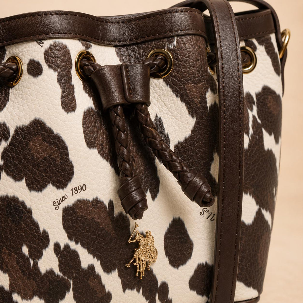 US Polo Assn Cow Print Bucket Bag, Brown & Cream Crossbody Handbag, Drawstring Shoulder Bag, Gold Hardware, Gift for Her