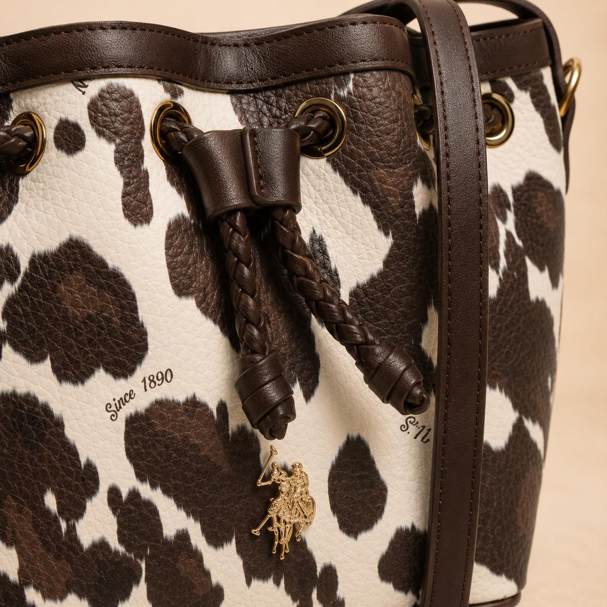 US Polo Assn Cow Print Bucket Bag, Brown & Cream Crossbody Handbag, Drawstring Shoulder Bag, Gold Hardware, Gift for Her