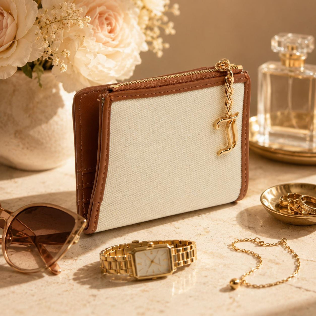 Juicy Couture Beige Tan Wallet, Diamante Madeleine Purse, Canvas Bifold Wallet, Zip Coin Pocket, Gold Charm, Gift for Her