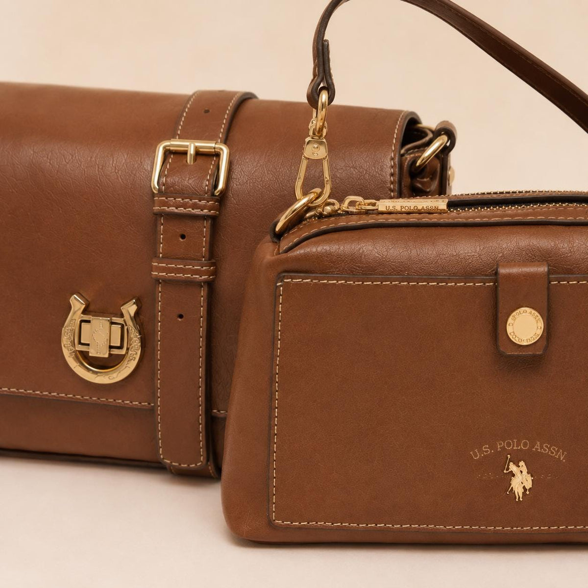 U.S. Polo Assn Brown Crossbody Bag & Pouch, Adjustable Shoulder Bag, Gold Hardware Handbag, Womens Everyday Purse, Gift for Her