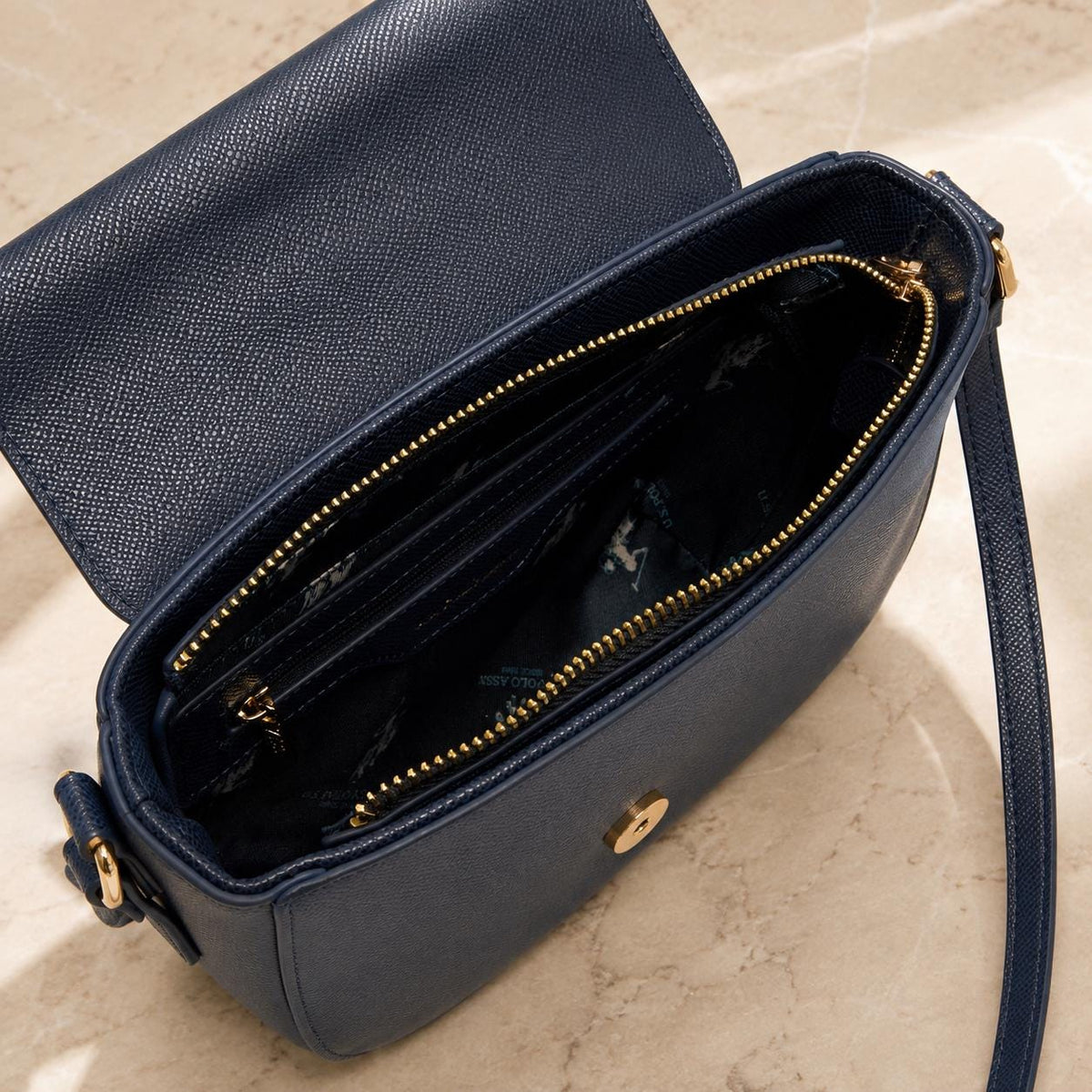 US Polo Assn Navy Crossbody Bag, Jones Shoulder Handbag, Adjustable Strap Purse, Gold Logo Saddle Bag, Gift for Her