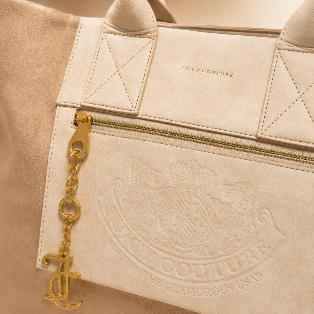 Juicy Couture Beige Tote Bag, Cream Shoulder Bag with Matching Pouch, Gold Charm Large Handbag, Designer Gift for Her