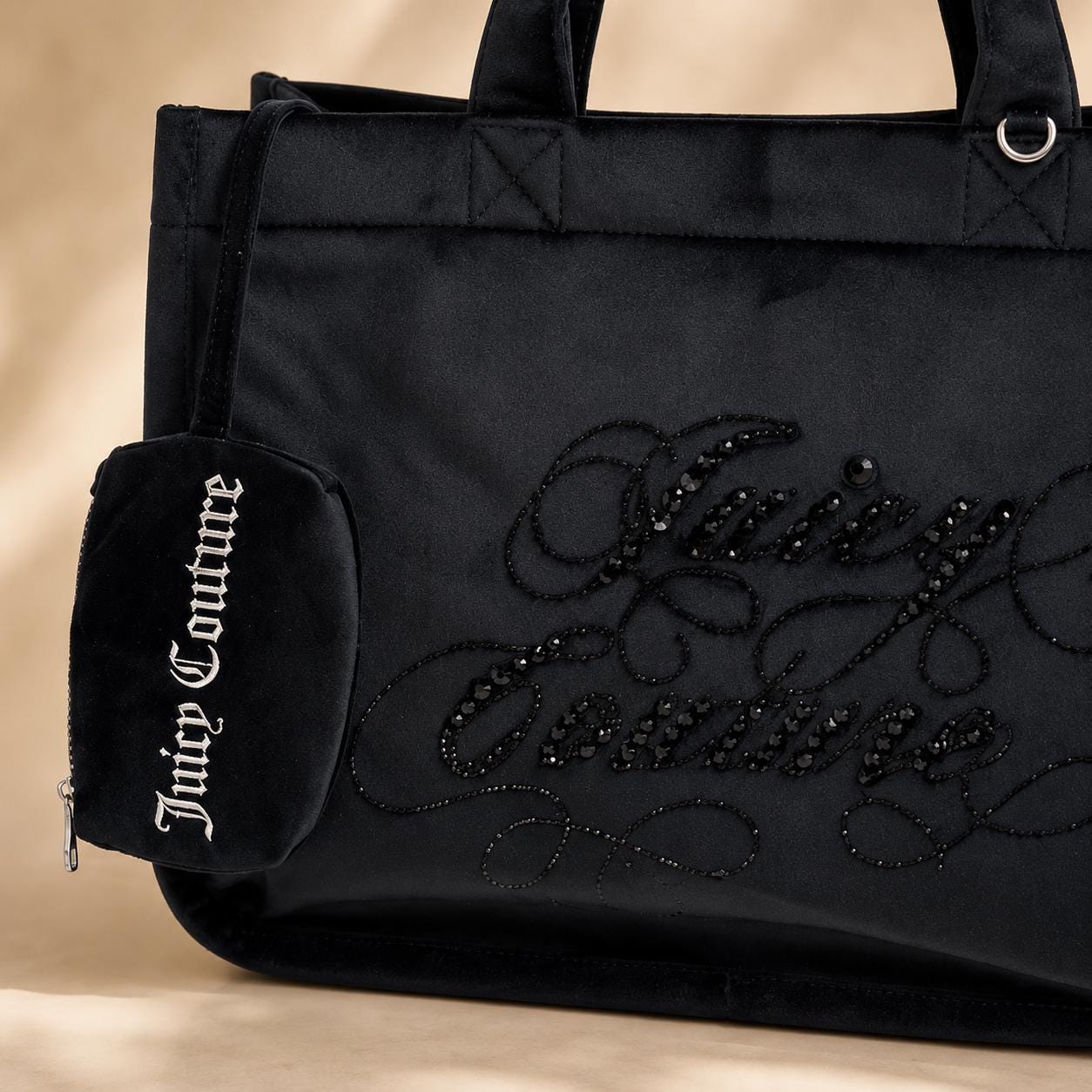 Juicy Couture Black Frida Rhinestone Tote Bag With Wallet, Velour Shoulder Bag, Embroidered Logo Handbag, Women’s Designer Bag