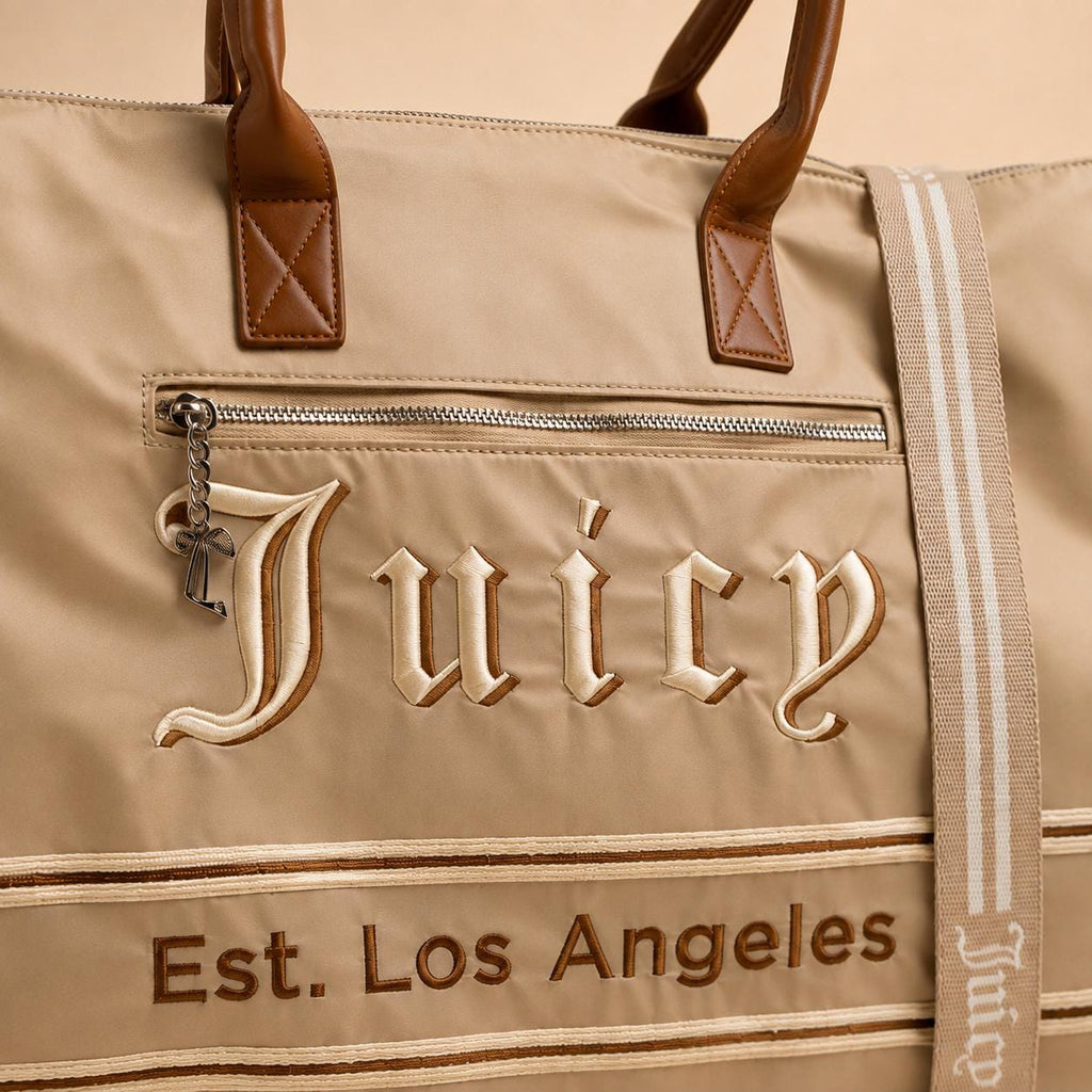 Juicy Couture Large Weekender Bag, Light Taupe Travel Bag, Overnight Holdall, Nylon Duffle Bag, Weekend Luggage for Women