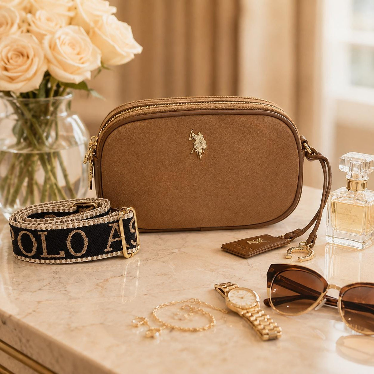 U.S. Polo Assn Brown Crossbody Bag, Suede Camera Bag, Logo Shoulder Purse, Adjustable Woven Strap, Everyday Handbag, Gift for Her