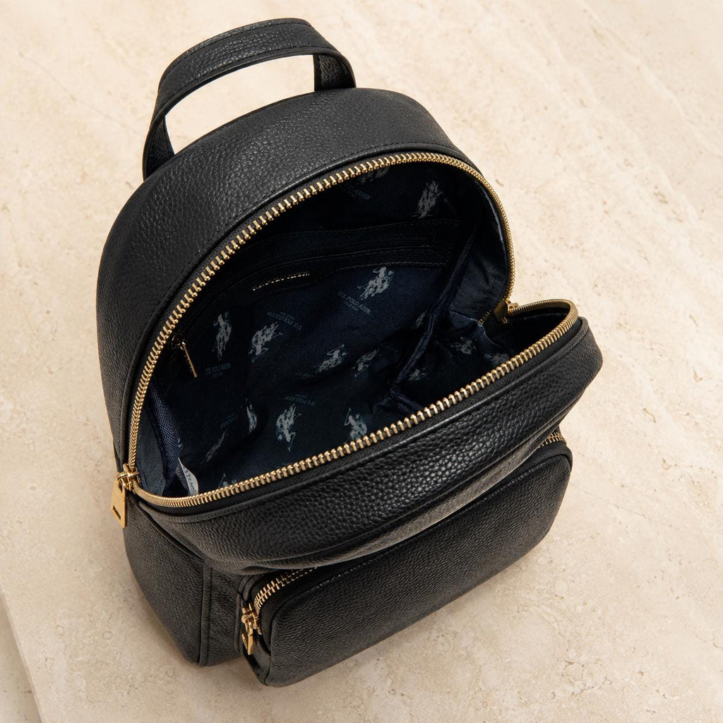 U.S. Polo Assn Black Backpack, Womens Backpack, Gold Hardware Rucksack, Adjustable Shoulder Straps, Everyday Travel Bag