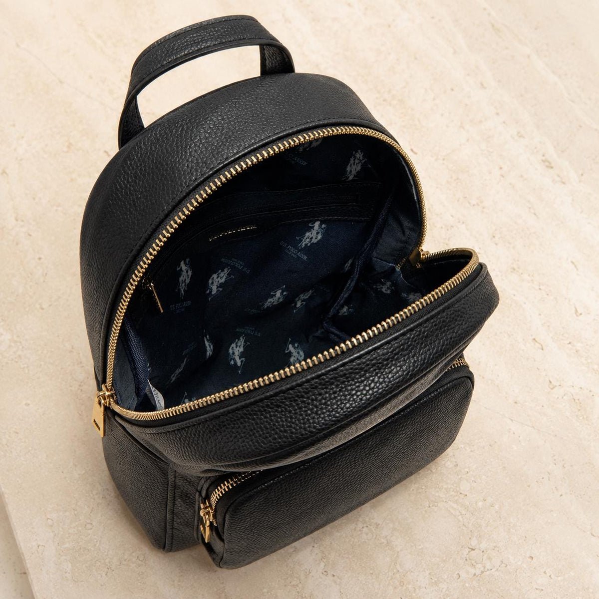 U.S. Polo Assn Black Backpack, Womens Backpack, Gold Hardware Rucksack, Adjustable Shoulder Straps, Everyday Travel Bag