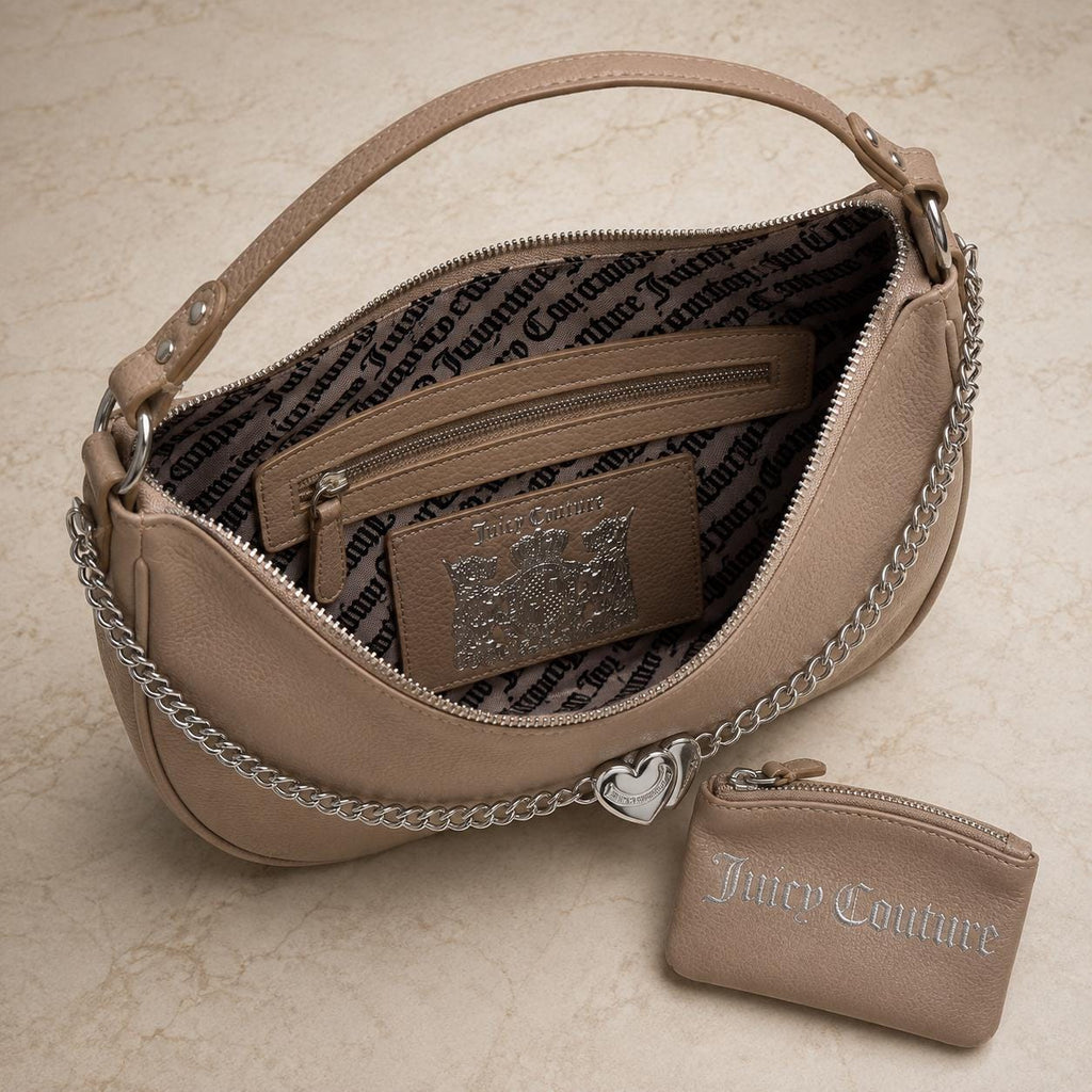 Juicy Couture Taupe Hobo Shoulder Bag, Faux Leather Handbag, Silver Heart Chain Charm Purse, Everyday Bag, Gift for Her