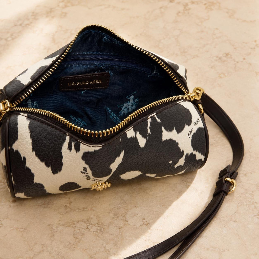 US Polo Assn Cow Print Crossbody Bag, Brown & Cream Shoulder Bag, Adjustable Strap Handbag, Gold Charm Purse, Gift for Her