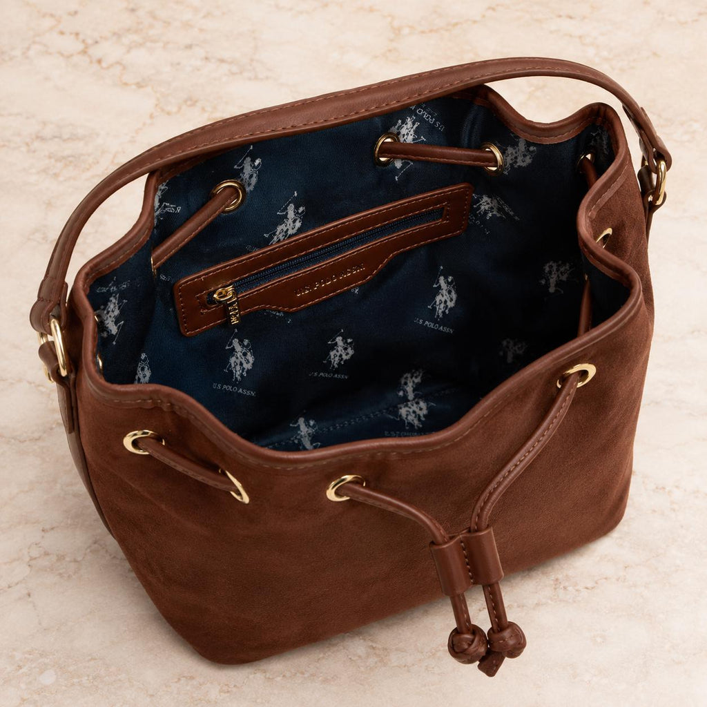 U.S. Polo Assn. Brown Bucket Bag, Suede Look Shoulder Bag, Drawstring Handbag, Gold Logo Purse, Womens Everyday Bag, Gift for Her