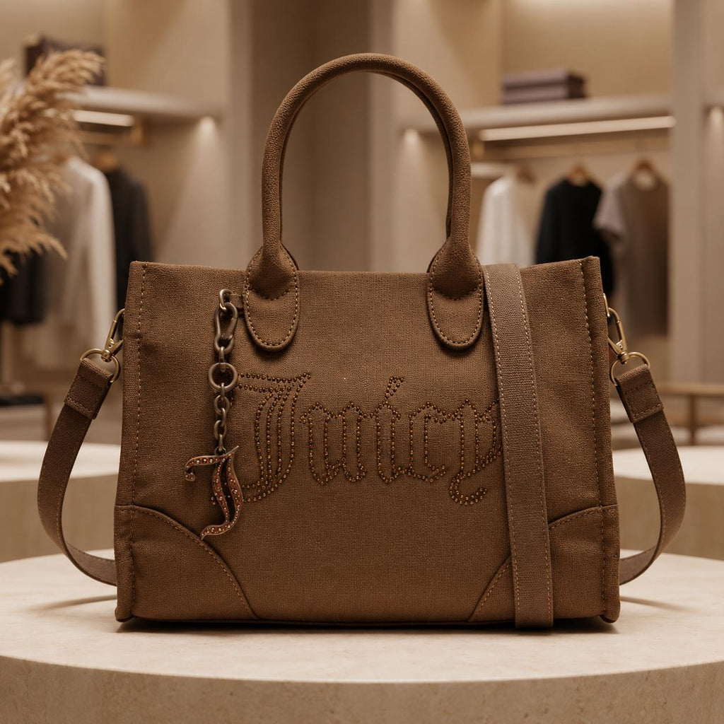 Juicy Couture Brown Tote Bag, Large Canvas Shoulder Bag, Embellished Logo Handbag, Detachable Strap, Womens Everyday Bag