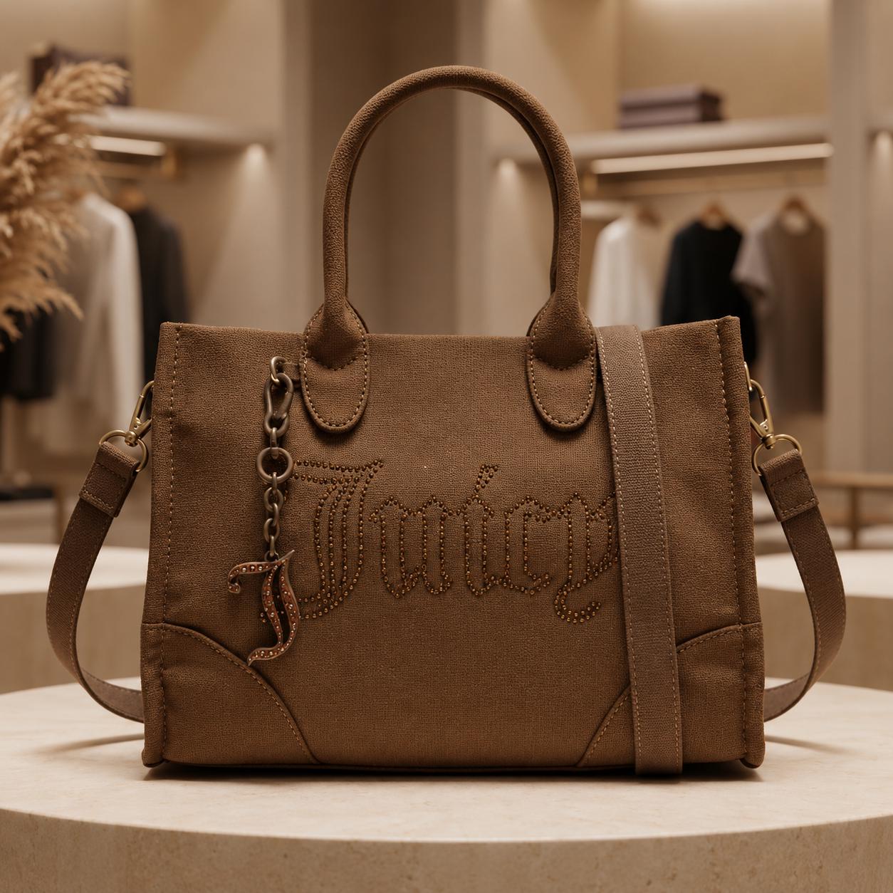Juicy Couture Brown Tote Bag, Large Canvas Shoulder Bag, Embellished Logo Handbag, Detachable Strap, Womens Everyday Bag