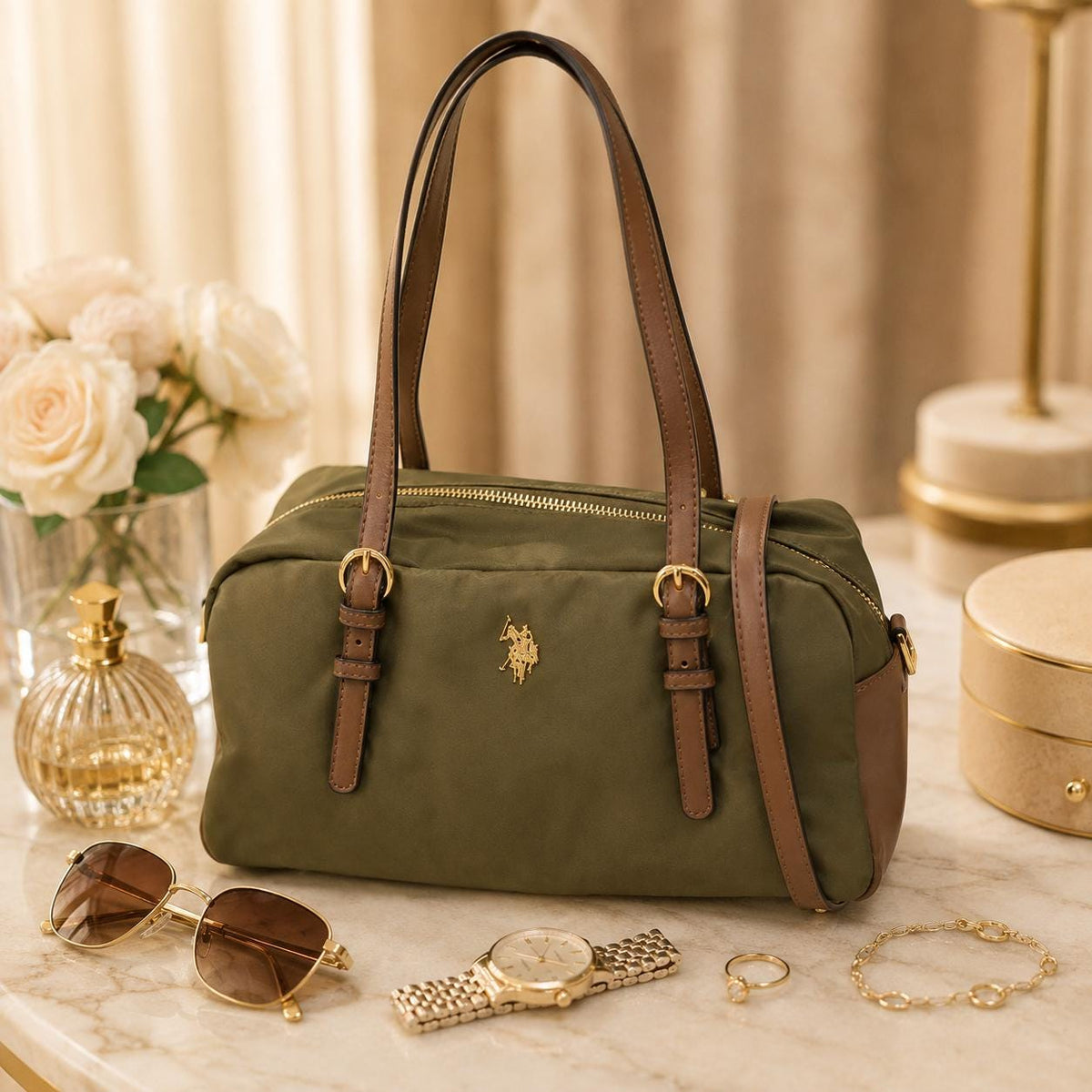 US Polo Assn Khaki Bowling Bag, Olive Green Shoulder Bag, Brown Trim Satchel, Gold Hardware Handbag, Everyday Bag for Women