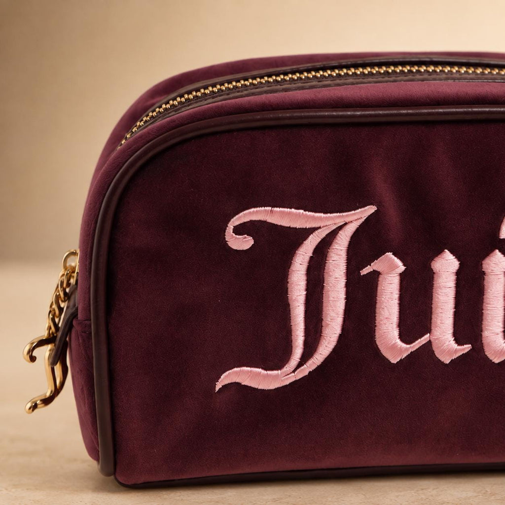 Juicy Couture Burgundy Velour Cosmetic Bag, Pink Embroidered Makeup Bag, Gold Zip Beauty Case, Makeup Storage Bag, Gift for Her