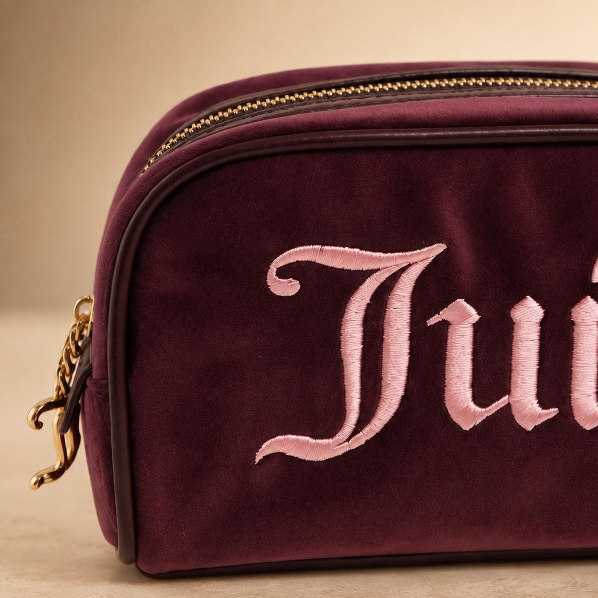 Juicy Couture Burgundy Velour Cosmetic Bag, Pink Embroidered Makeup Bag, Gold Zip Beauty Case, Makeup Storage Bag, Gift for Her